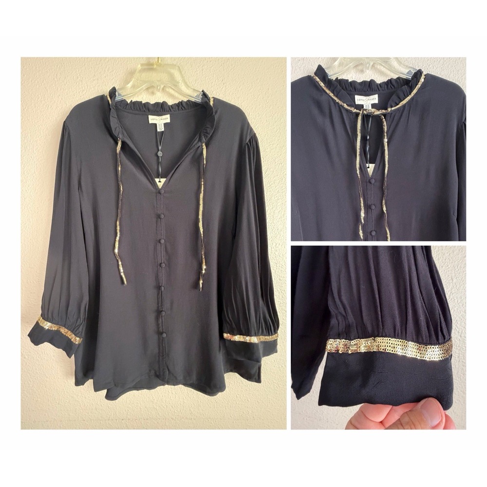 Love & Roses Black Gold Sequin Trim Tie Neck 100% Viscose Blouse US 10 NWT Boho